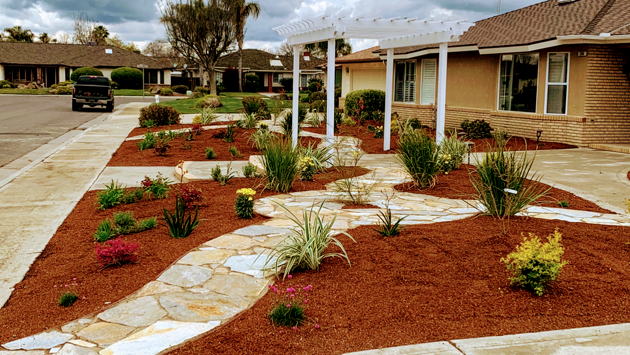 Flagstone path and decorative mulch beds, Tulare County